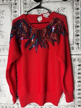 Vtg Red Sequin Embellished Women's Sweater